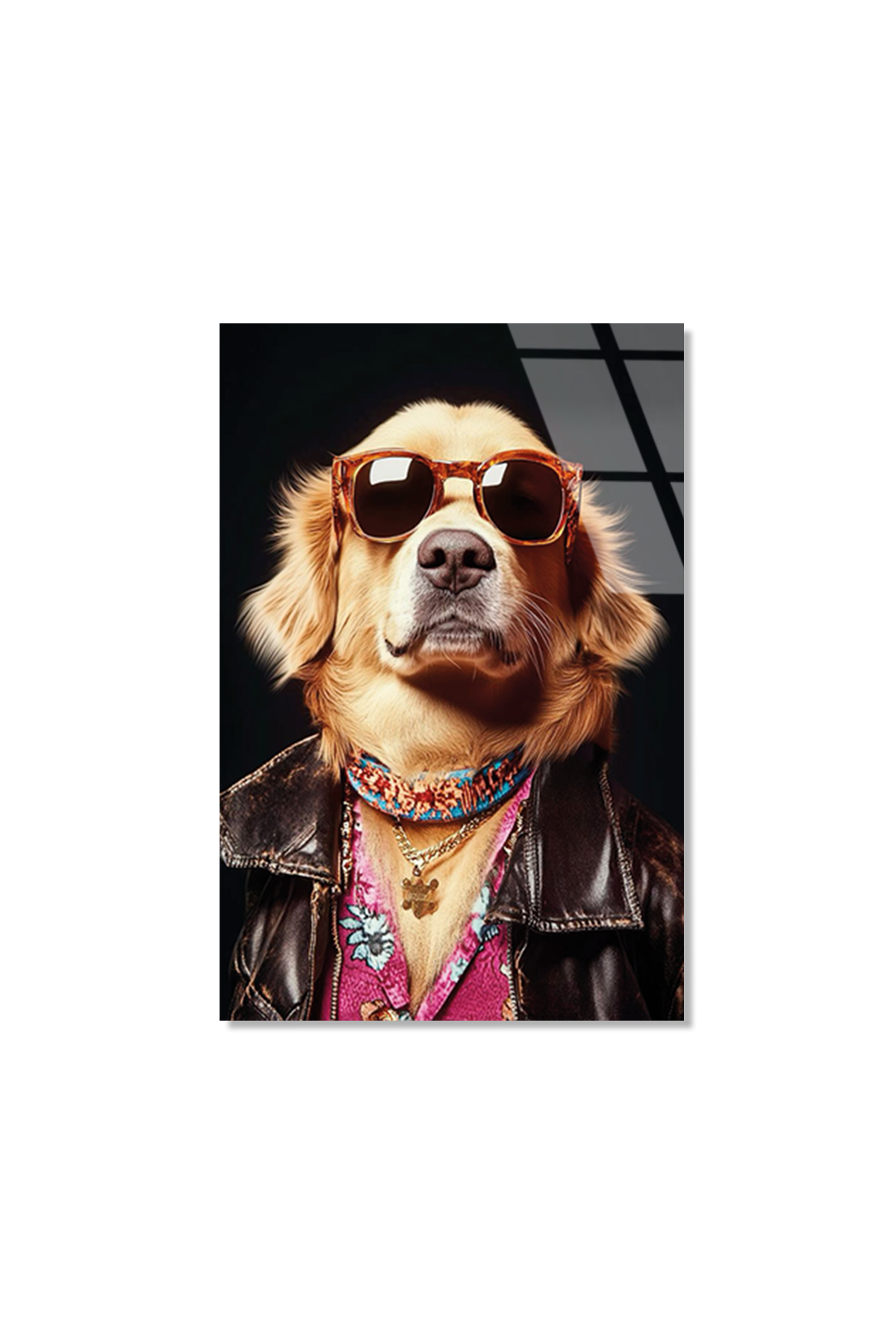 Havalı Golden Retriever Deri Ceketli Cam Tablo | Vitraum