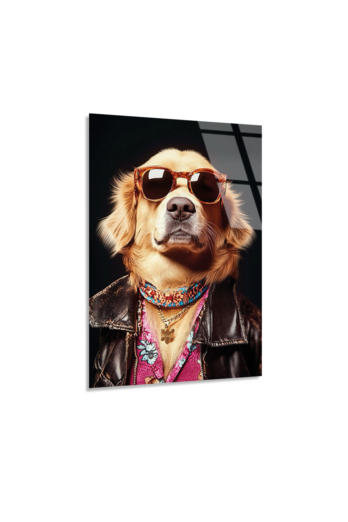 Havalı Golden Retriever Deri Ceketli Cam Tablo | Vitraum