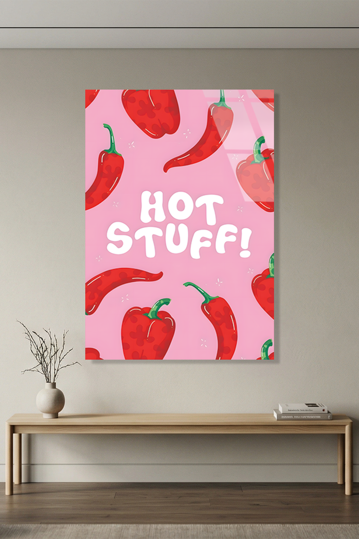 Hot Stuff Yazılı ve Acı Biber Desenli Mutfak Cam Tablo