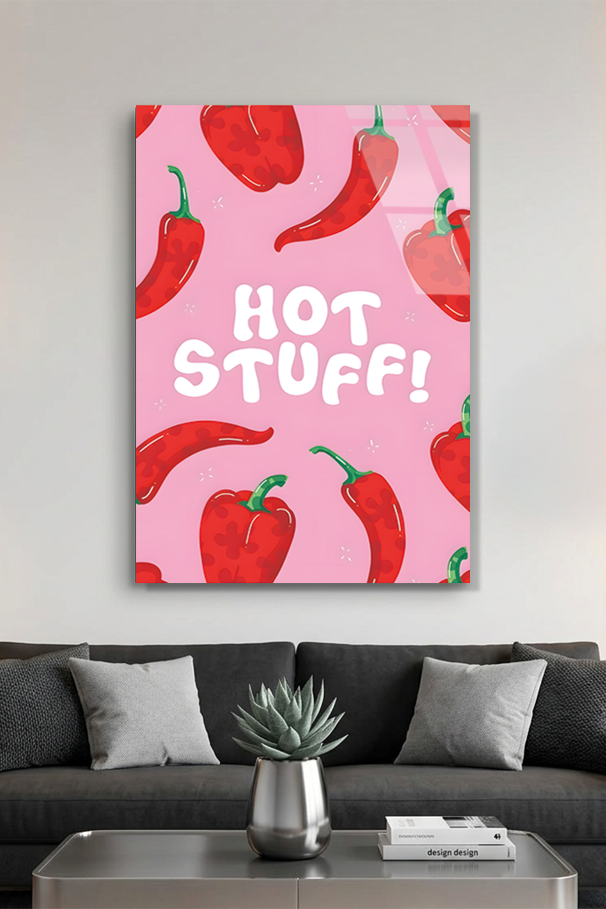 Hot Stuff Yazılı ve Acı Biber Desenli Mutfak Cam Tablo