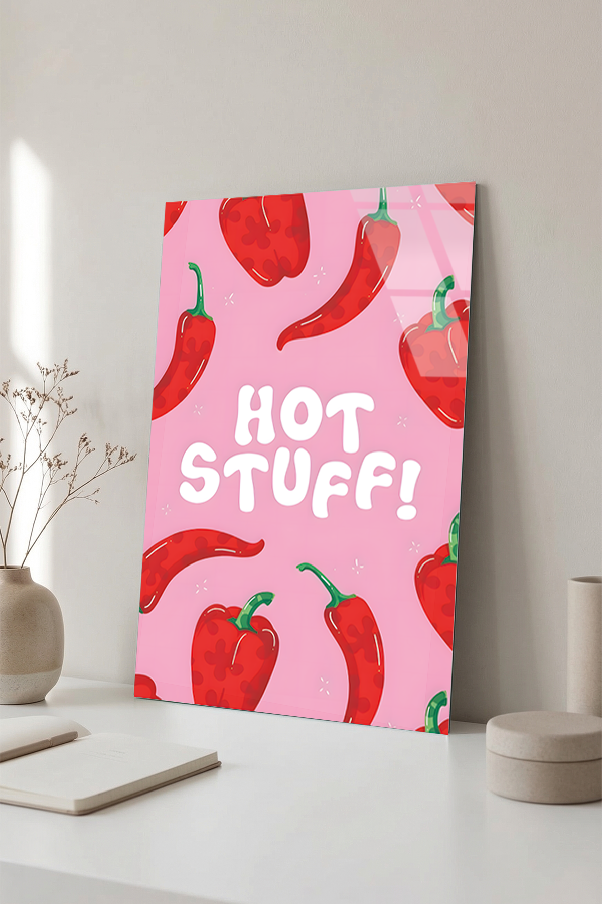 Hot Stuff Yazılı ve Acı Biber Desenli Mutfak Cam Tablo