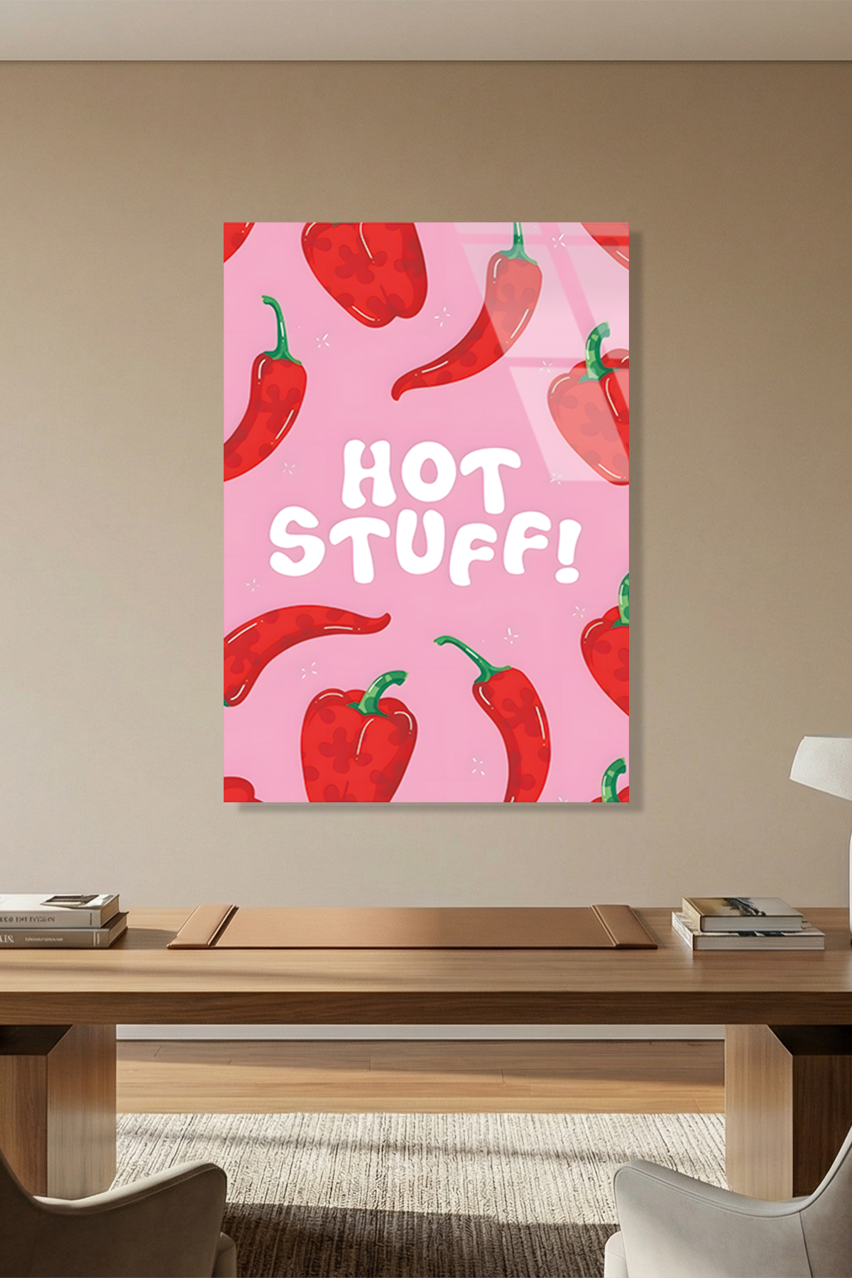 Hot Stuff Yazılı ve Acı Biber Desenli Mutfak Cam Tablo