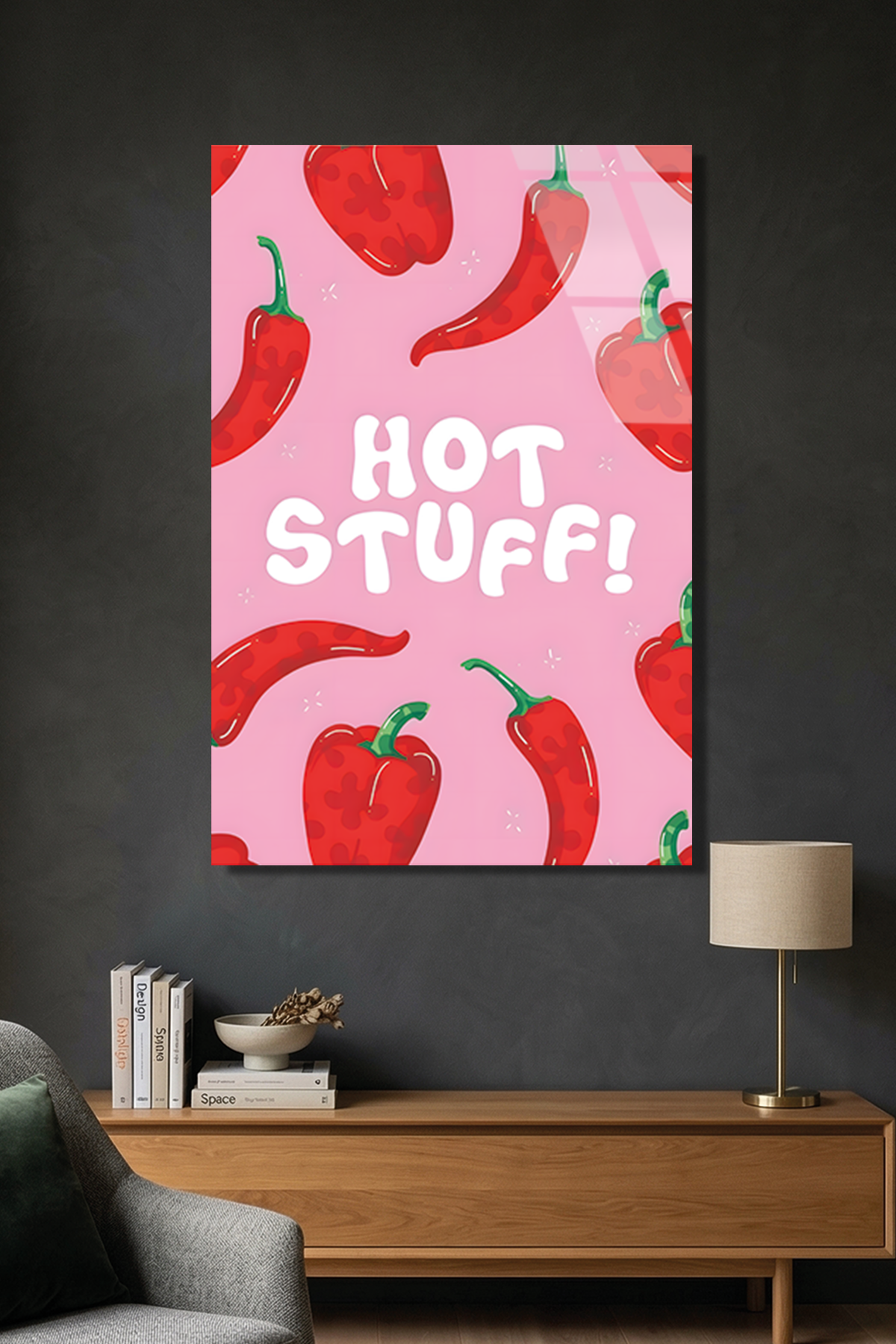 Hot Stuff Yazılı ve Acı Biber Desenli Mutfak Cam Tablo