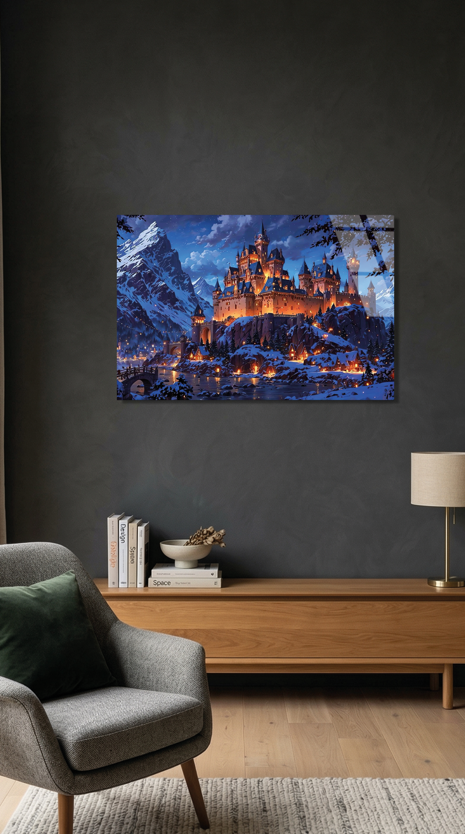 Işıklı Kış Kasabası ve Karlı Sato Masalsı Gece Cam Tablo