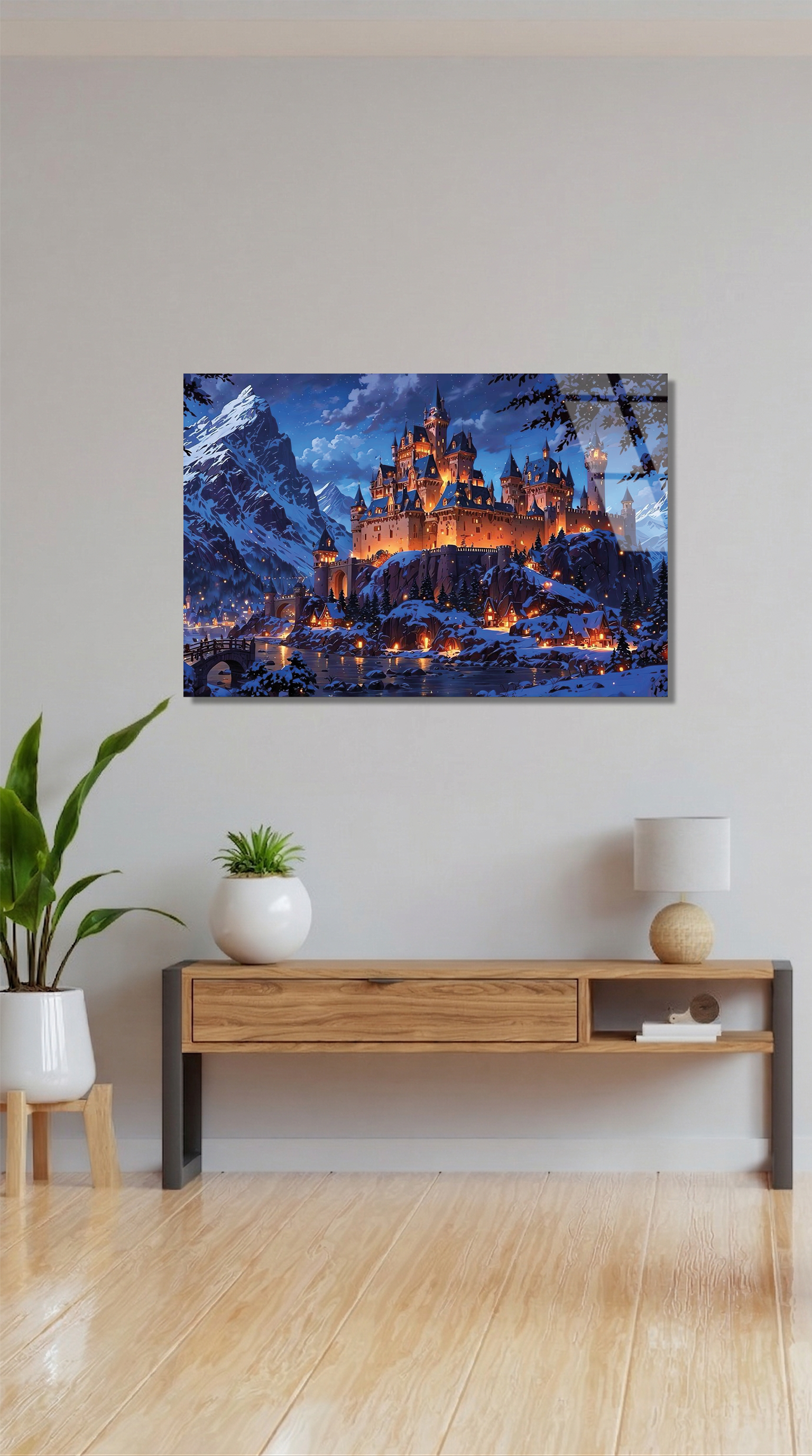 Işıklı Kış Kasabası ve Karlı Sato Masalsı Gece Cam Tablo