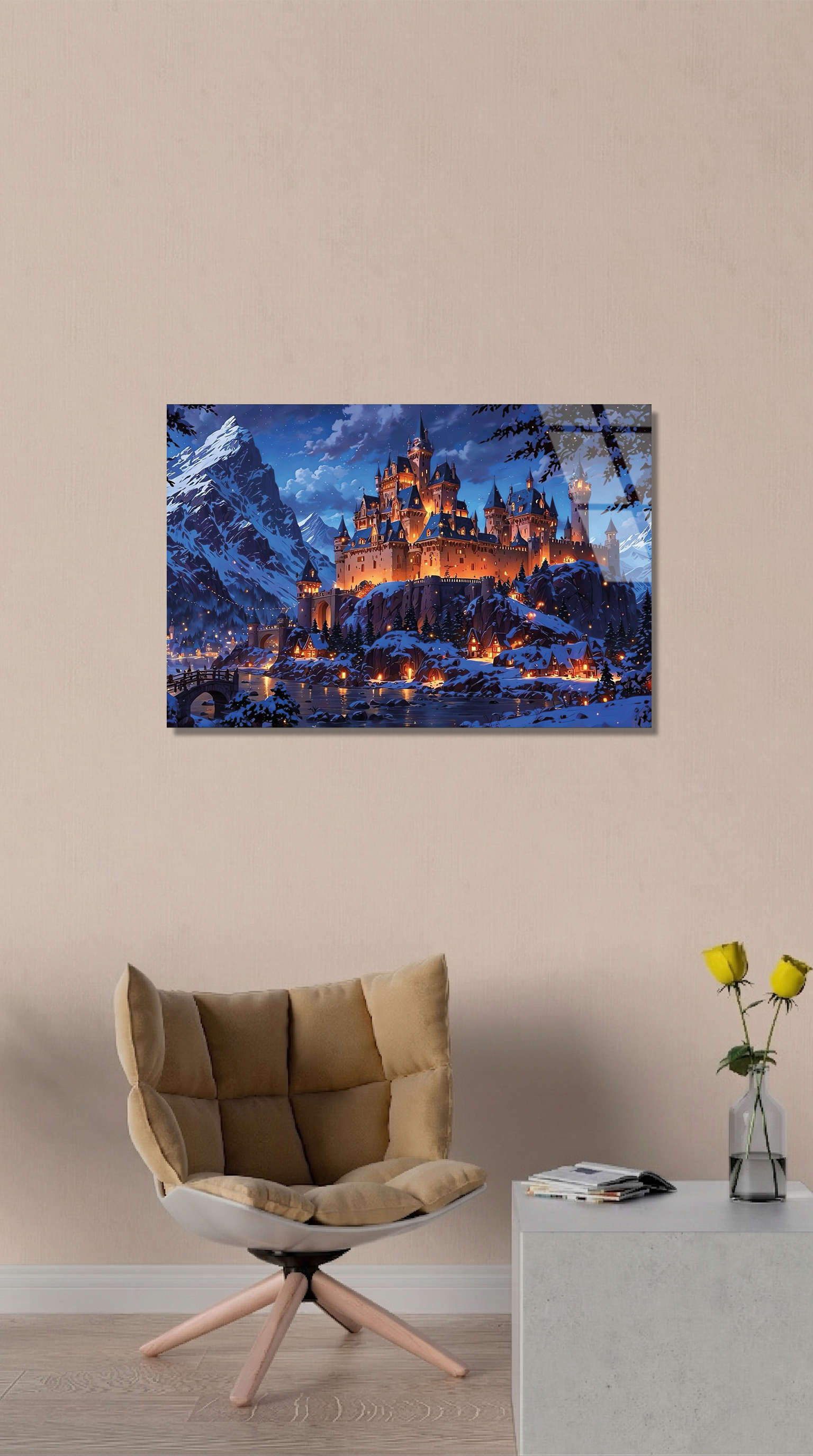 Işıklı Kış Kasabası ve Karlı Sato Masalsı Gece Cam Tablo