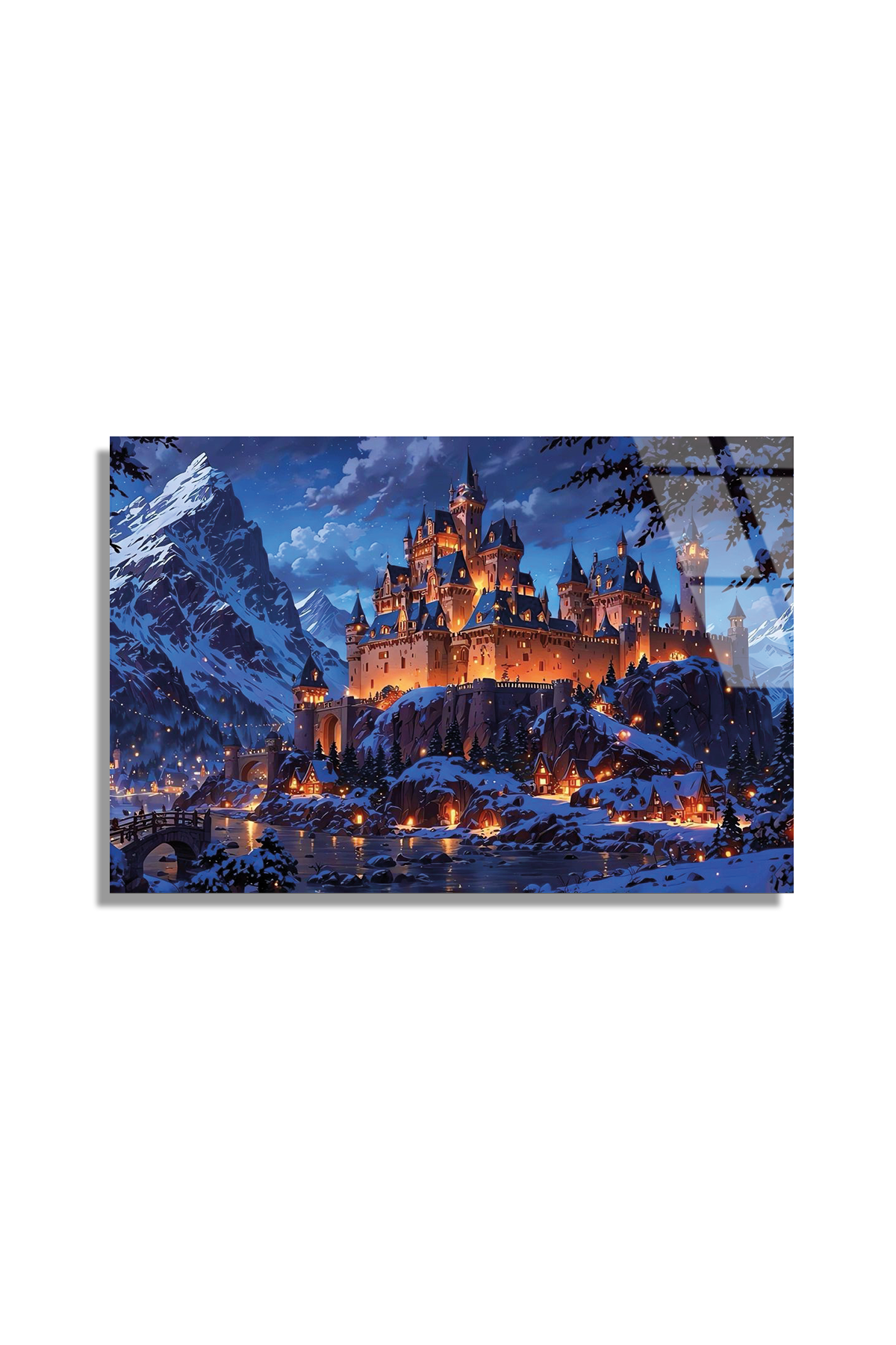 Işıklı Kış Kasabası ve Karlı Sato Masalsı Gece Cam Tablo