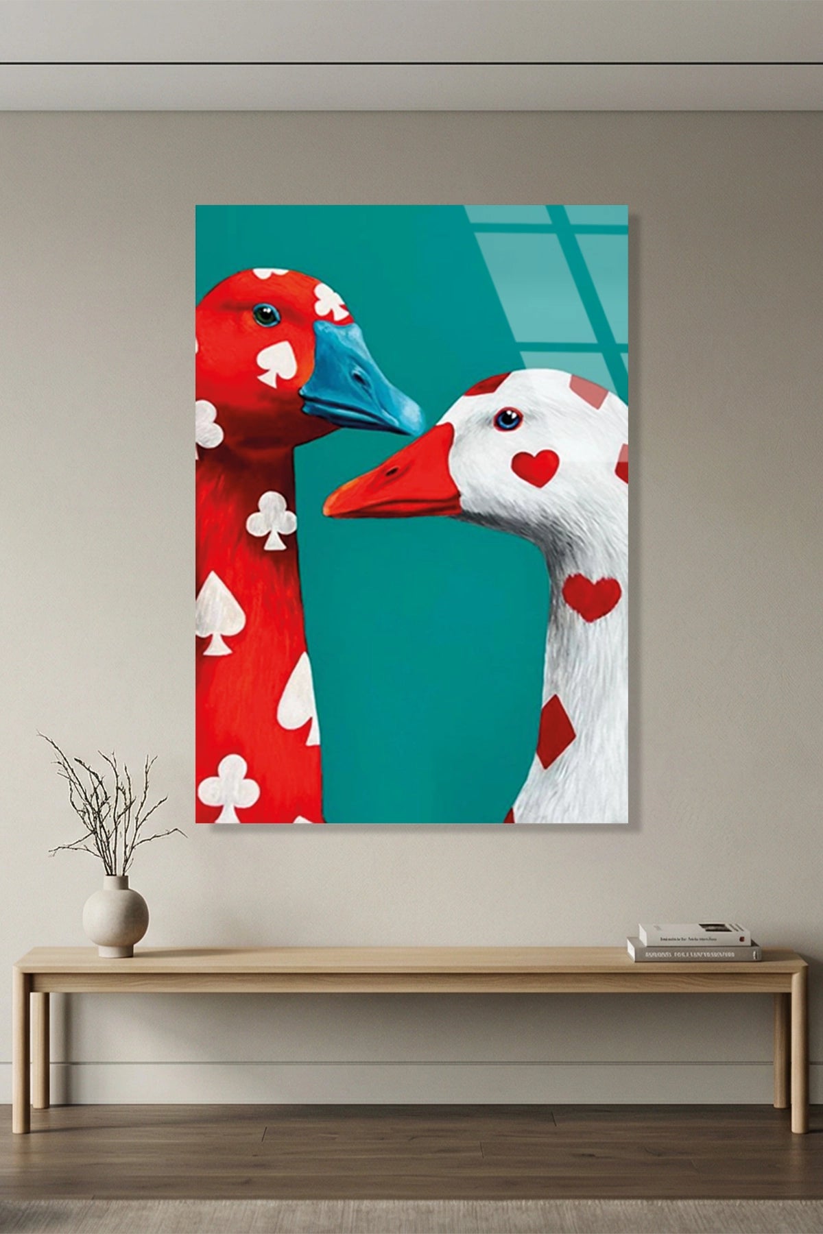 İskambil ve Kalp Desenli Esprili İki Ördek Pop Art Cam Tablo