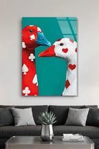İskambil ve Kalp Desenli Esprili İki Ördek Pop Art Cam Tablo
