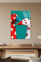 İskambil ve Kalp Desenli Esprili İki Ördek Pop Art Cam Tablo