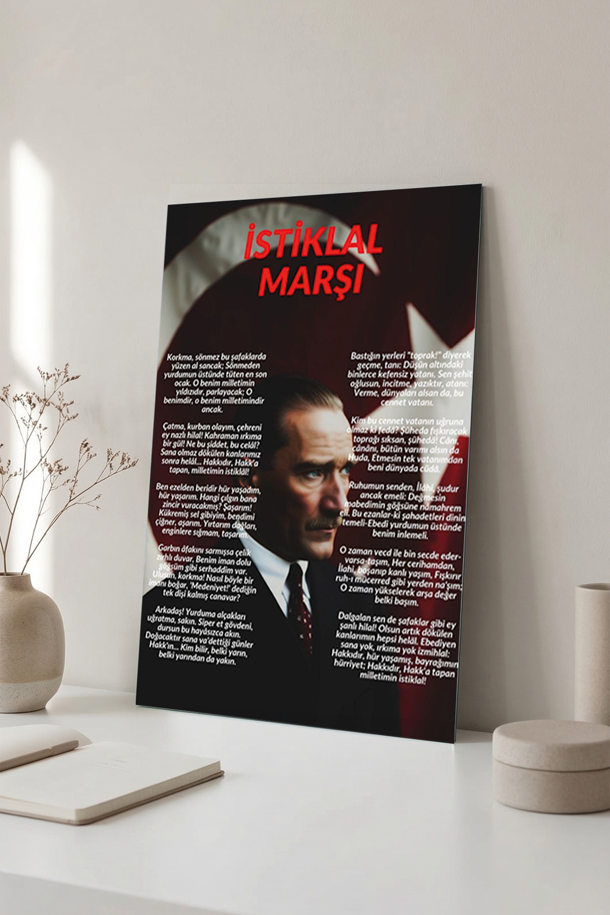 İstiklal Marşı ve Atatürk Temalı Cam Tablo - Türk Bayrağı Detaylı | Vitraum