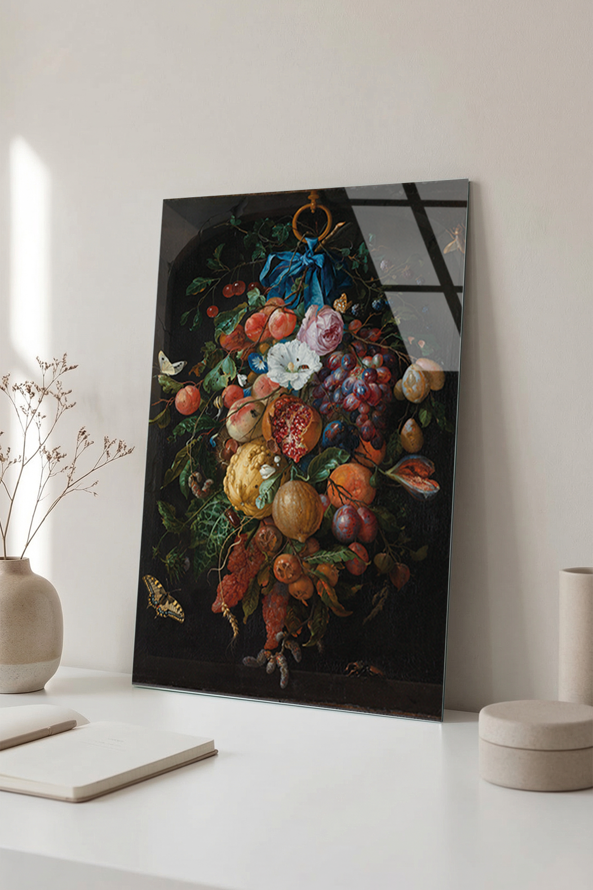 Jan Davidsz de Heem Meyve ve Çiçek Festonu Cam Tablo