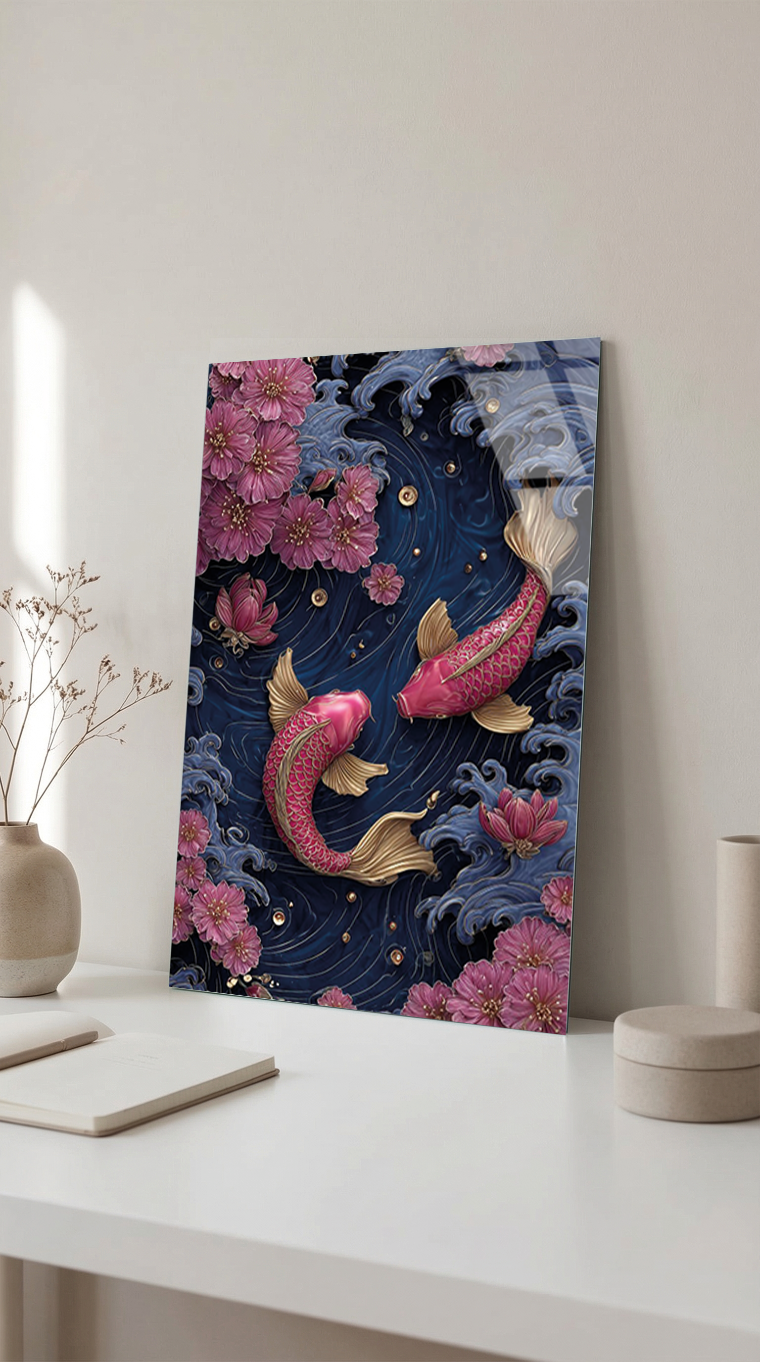 Japon Koi Balığı ve Sakura Temalı Modern Cam Tablo | Vitraum