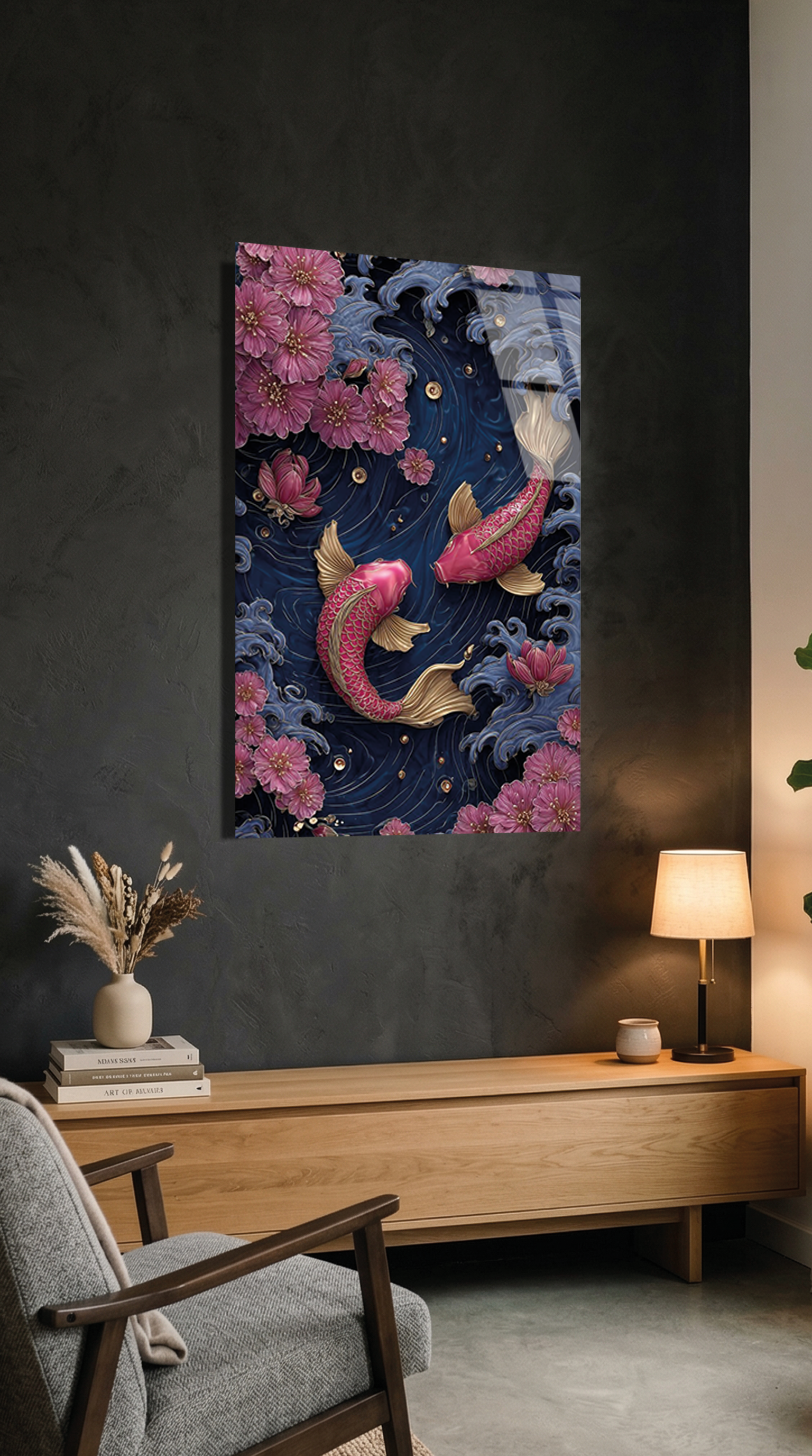 Japon Koi Balığı ve Sakura Temalı Modern Cam Tablo | Vitraum