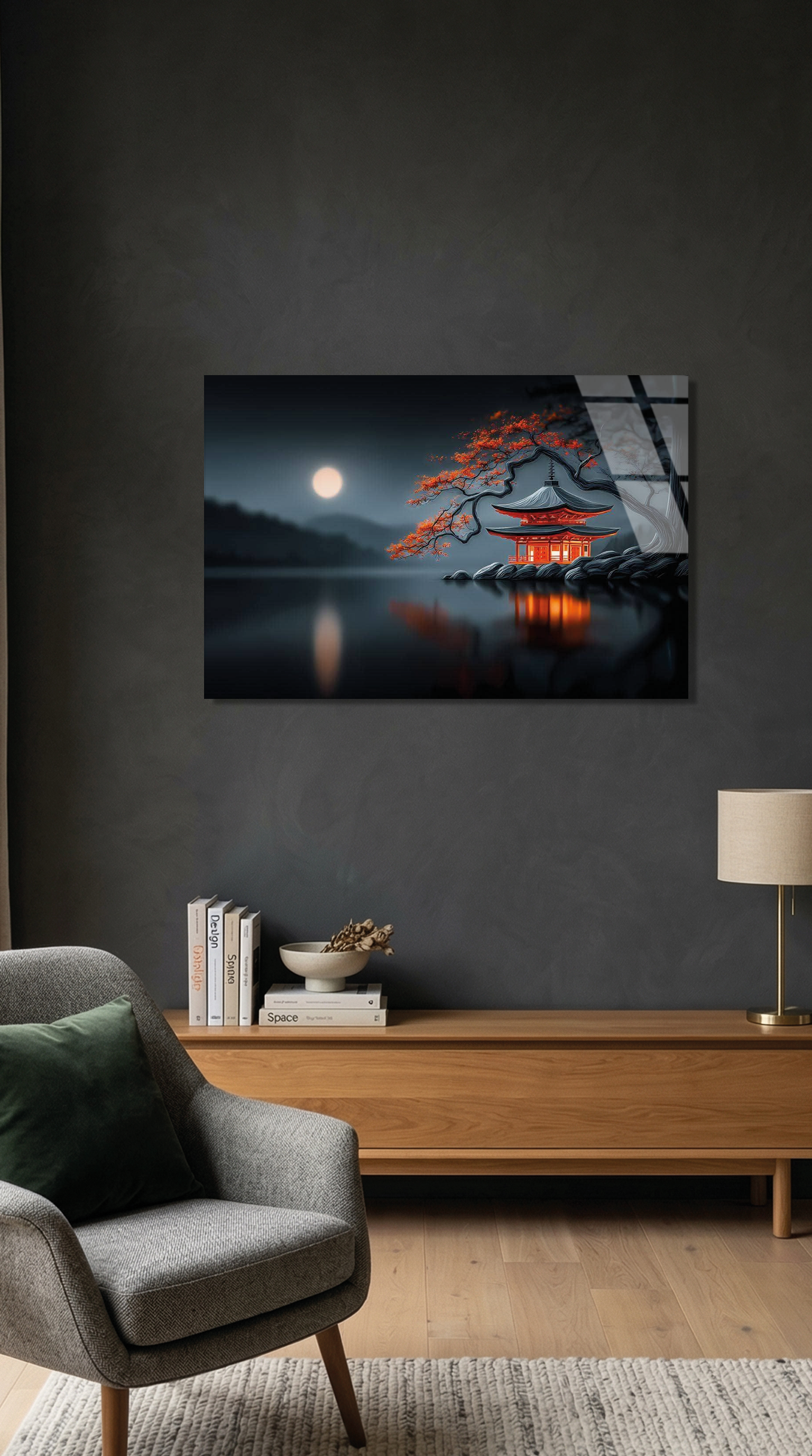 Japon Pagoda ve Turuncu Yapraklar Gece Manzarası Cam Tablo