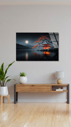 Japon Pagoda ve Turuncu Yapraklar Gece Manzarası Cam Tablo | Vitraum