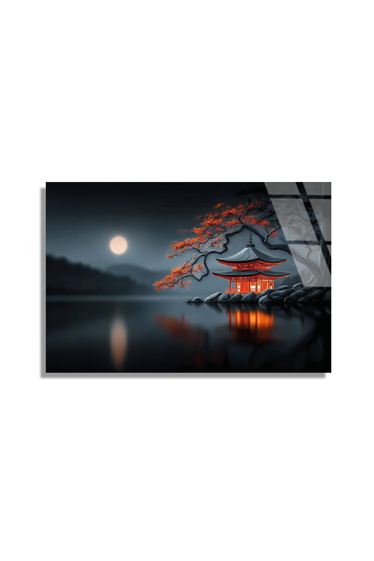 Japon Pagoda ve Turuncu Yapraklar Gece Manzarası Cam Tablo