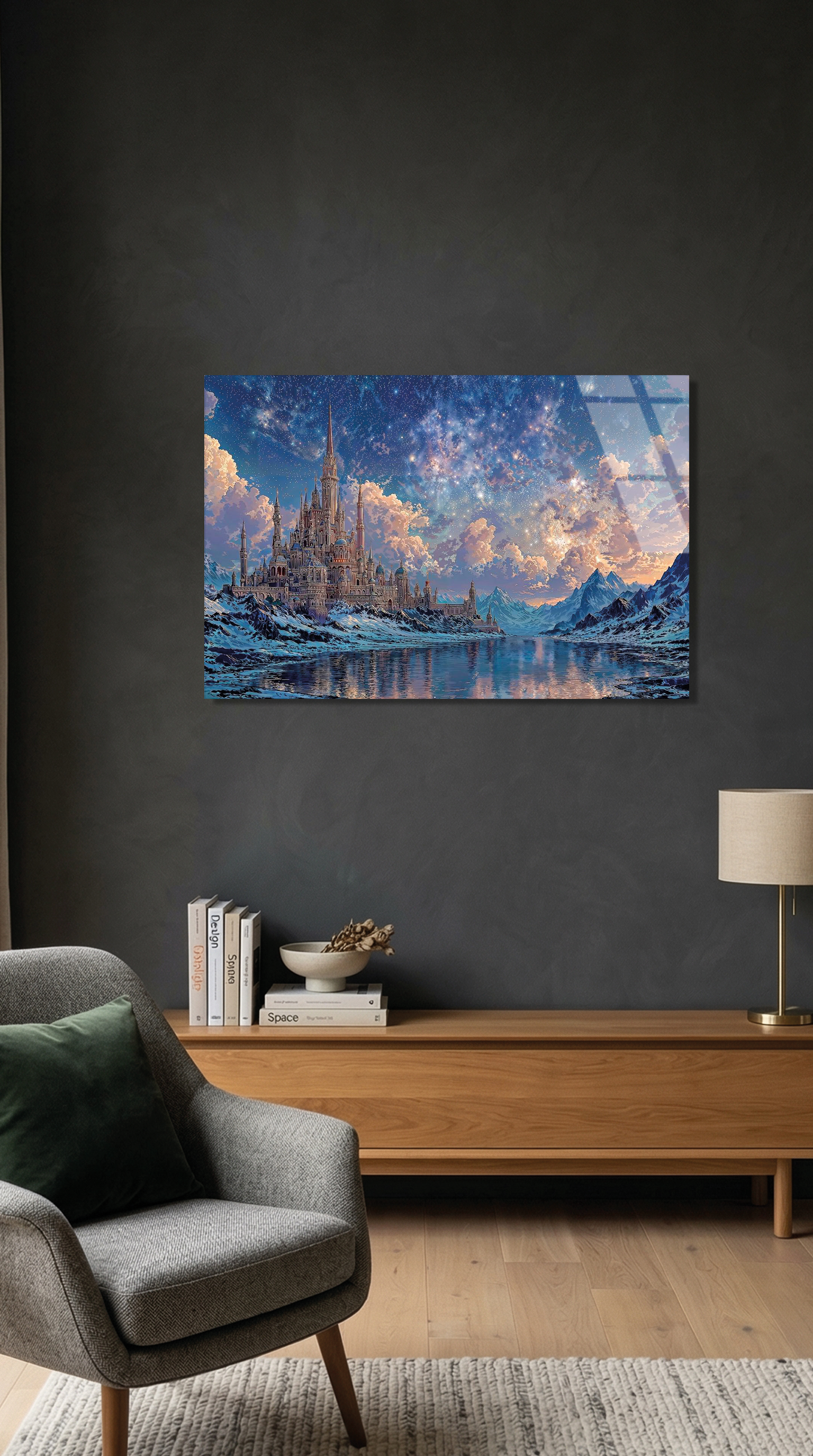 Karlı Dağlar ve Görkemli Sato Yıldızlı Gece Manzarası Cam Tablo