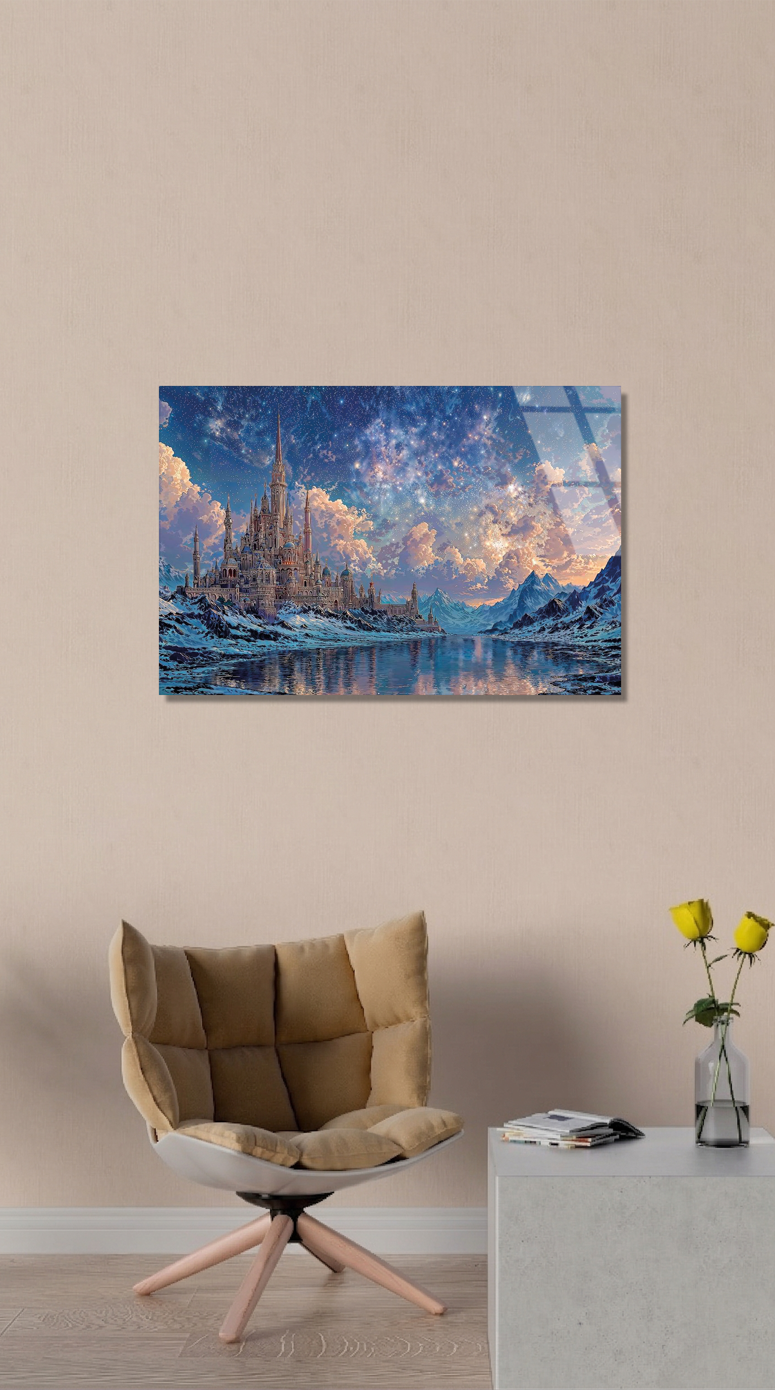 Karlı Dağlar ve Görkemli Sato Yıldızlı Gece Manzarası Cam Tablo