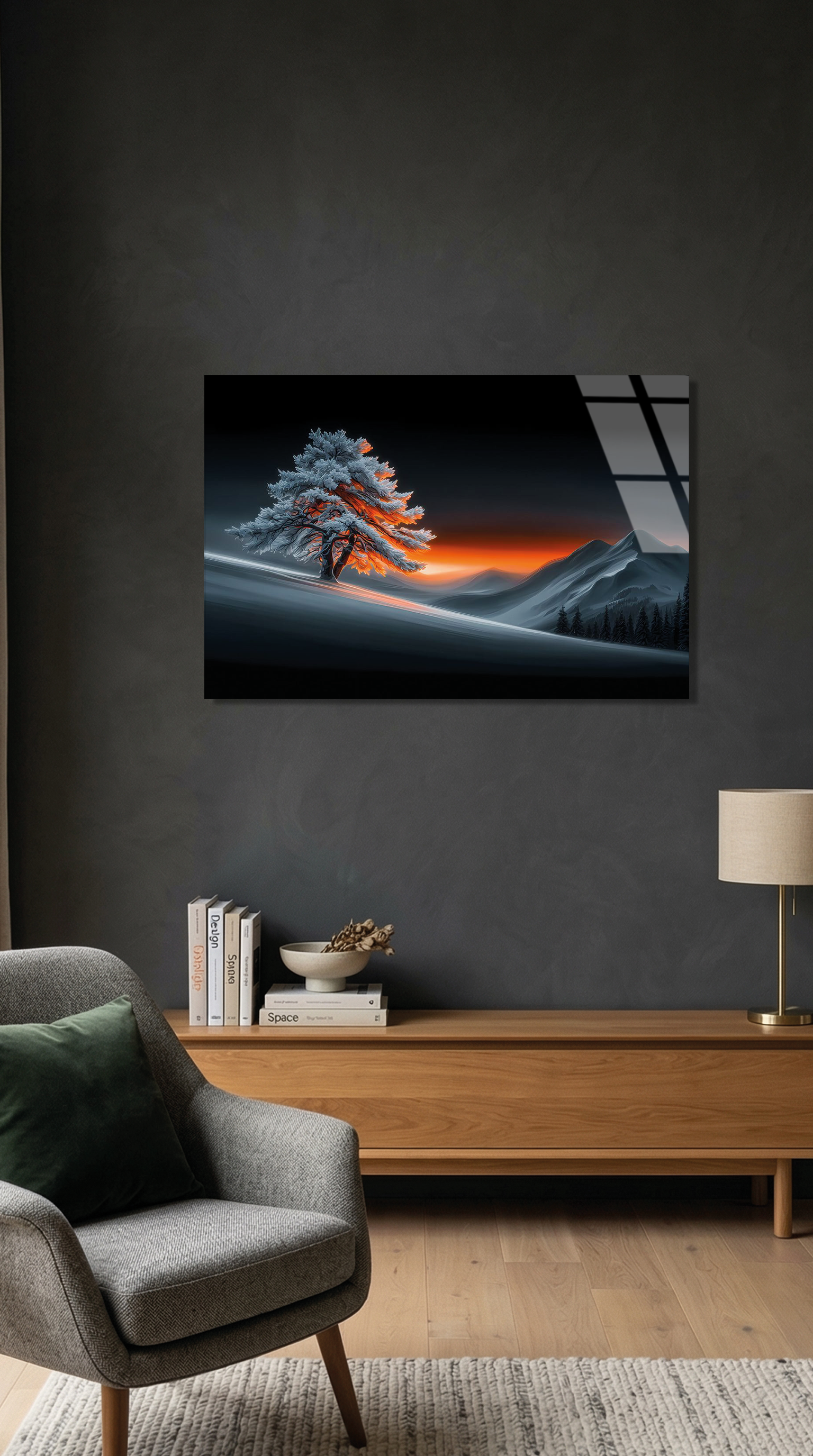Karlı Tepede Tek Ağaç Gün Batımı Kontrast Manzara Cam Tablo