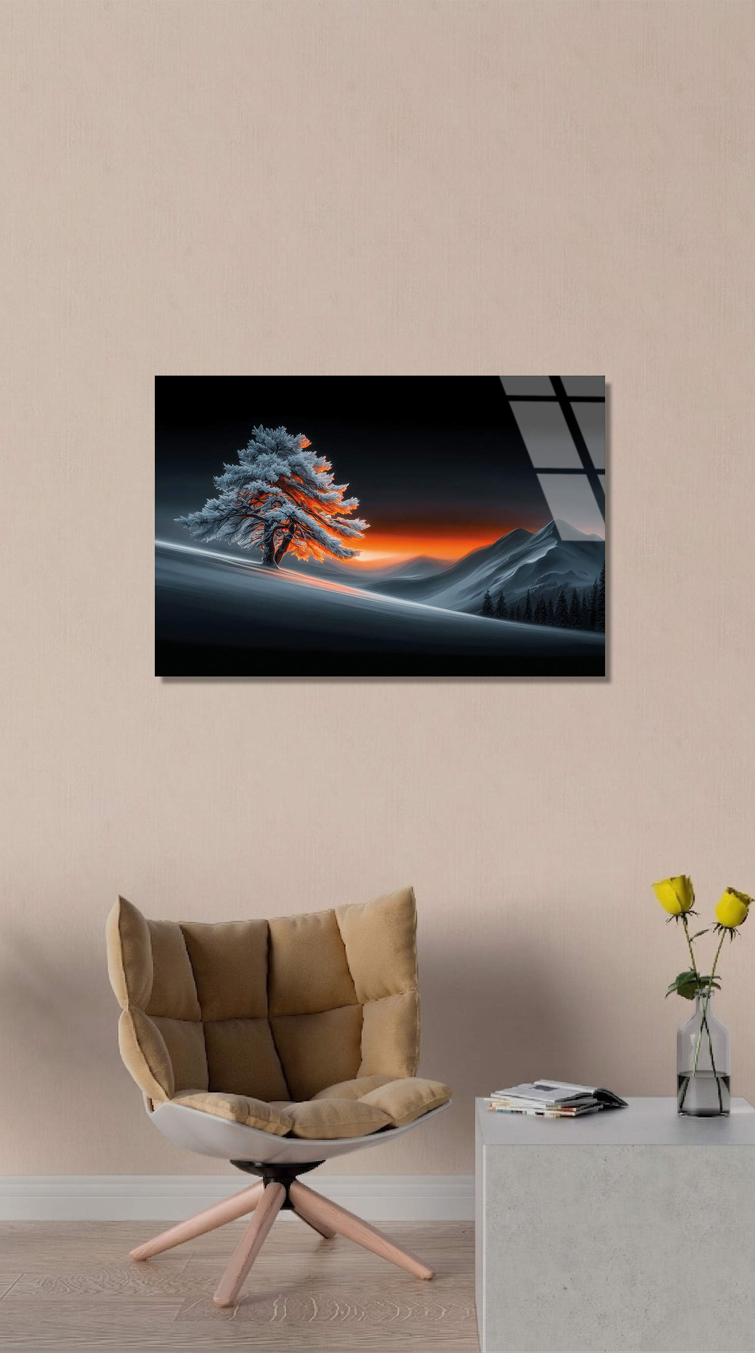 Karlı Tepede Tek Ağaç Gün Batımı Kontrast Manzara Cam Tablo