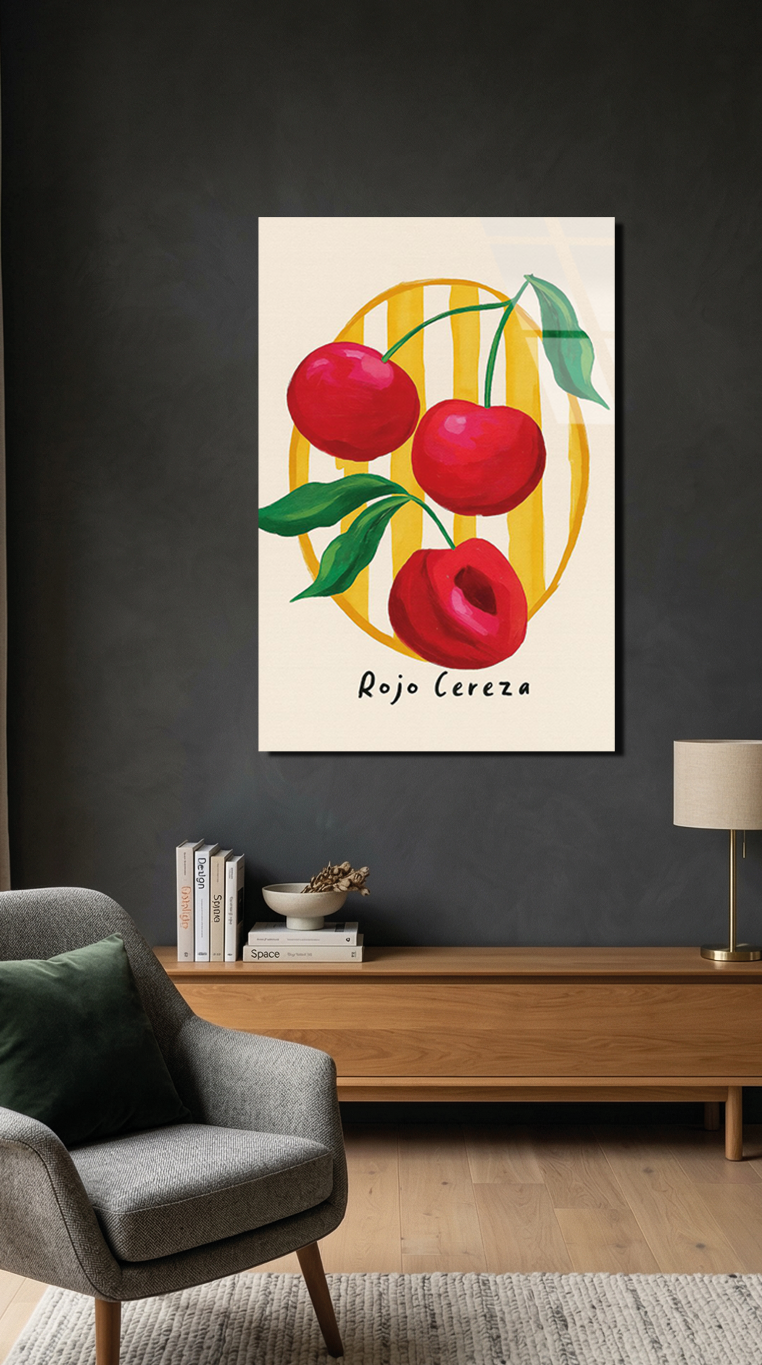 Kiraz Meyve Deseni Retro İllüstrasyon Cam Tablo | Vitraum
