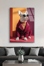 Kırmızı Ceketli ve Gözlüklü Tarz Fransız Bulldog Cam Tablo