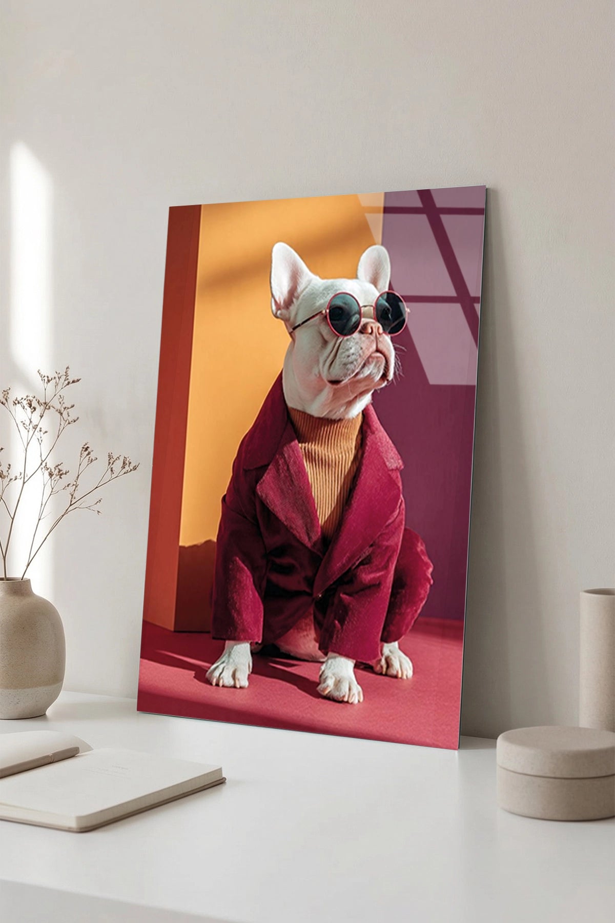 Kırmızı Ceketli ve Gözlüklü Tarz Fransız Bulldog Cam Tablo