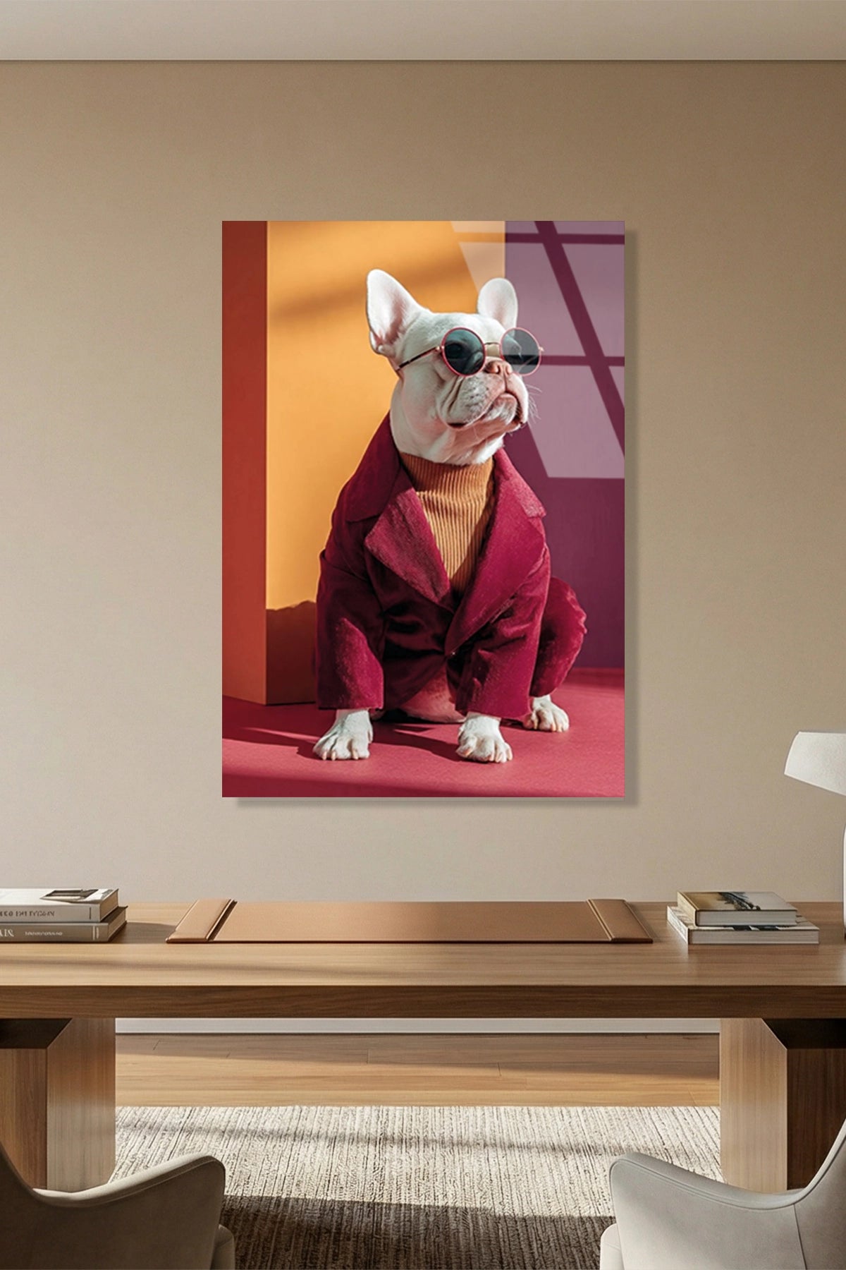 Kırmızı Ceketli ve Gözlüklü Tarz Fransız Bulldog Cam Tablo