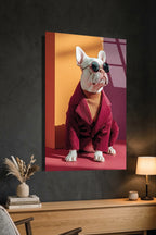 Kırmızı Ceketli ve Gözlüklü Tarz Fransız Bulldog Cam Tablo