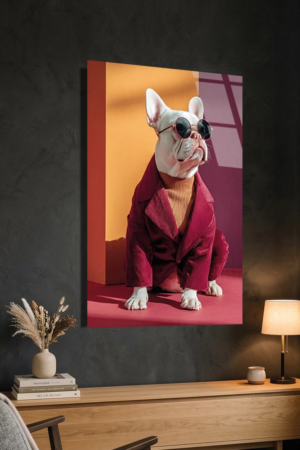Kırmızı Ceketli ve Gözlüklü Tarz Fransız Bulldog Cam Tablo