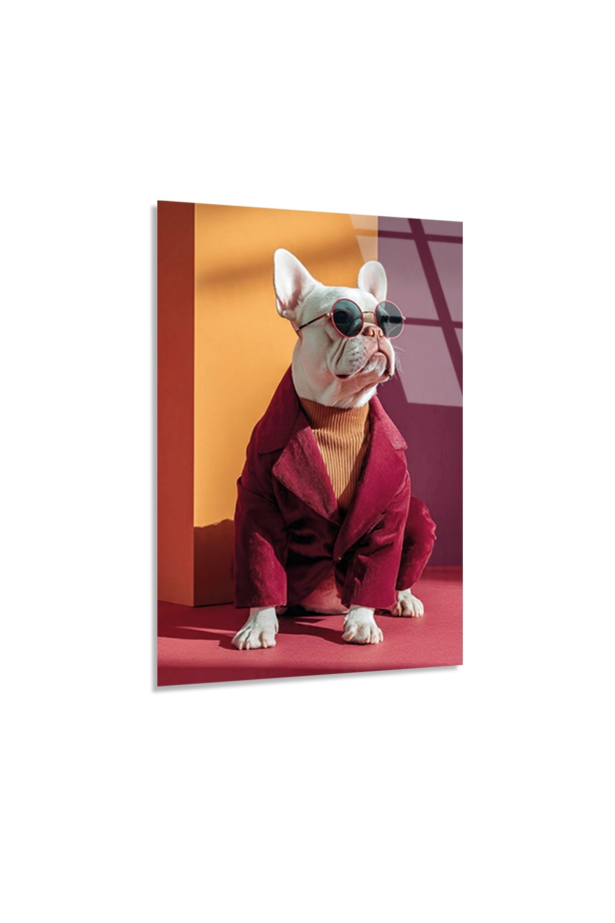 Kırmızı Ceketli ve Gözlüklü Tarz Fransız Bulldog Cam Tablo