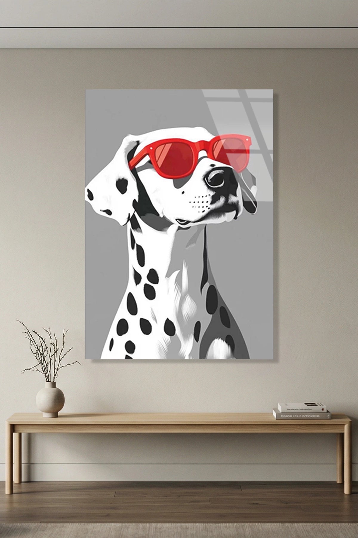 Kırmızı Gözlüklü Minimalist Dalmaçyalı Köpek Portresi Cam Tablo