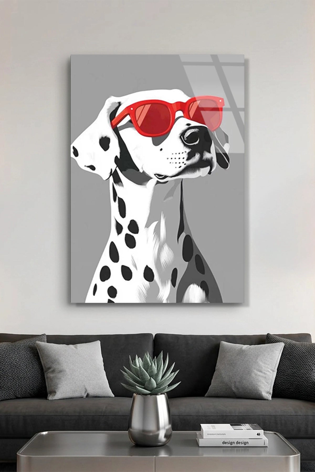 Kırmızı Gözlüklü Minimalist Dalmaçyalı Köpek Portresi Cam Tablo