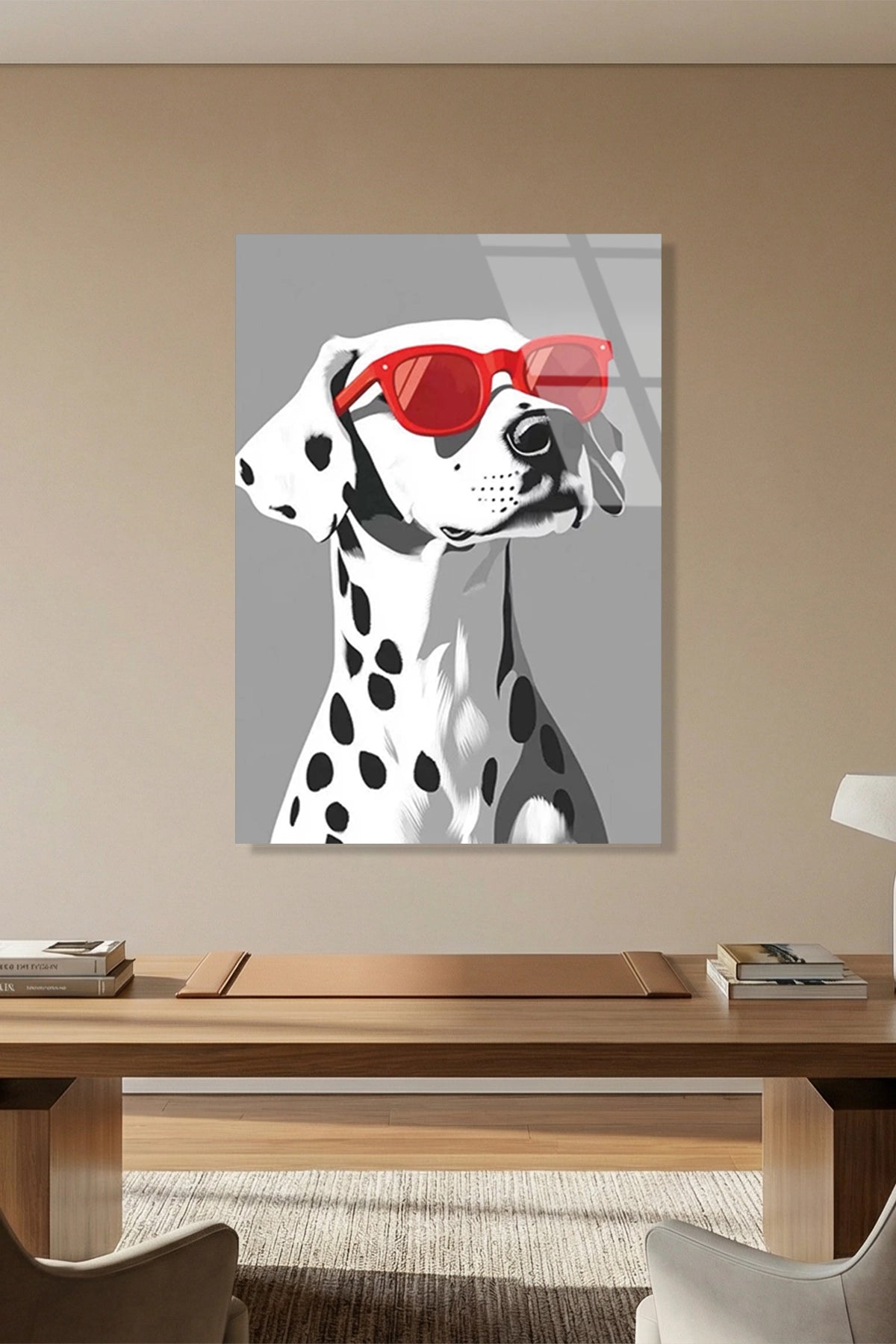 Kırmızı Gözlüklü Minimalist Dalmaçyalı Köpek Portresi Cam Tablo