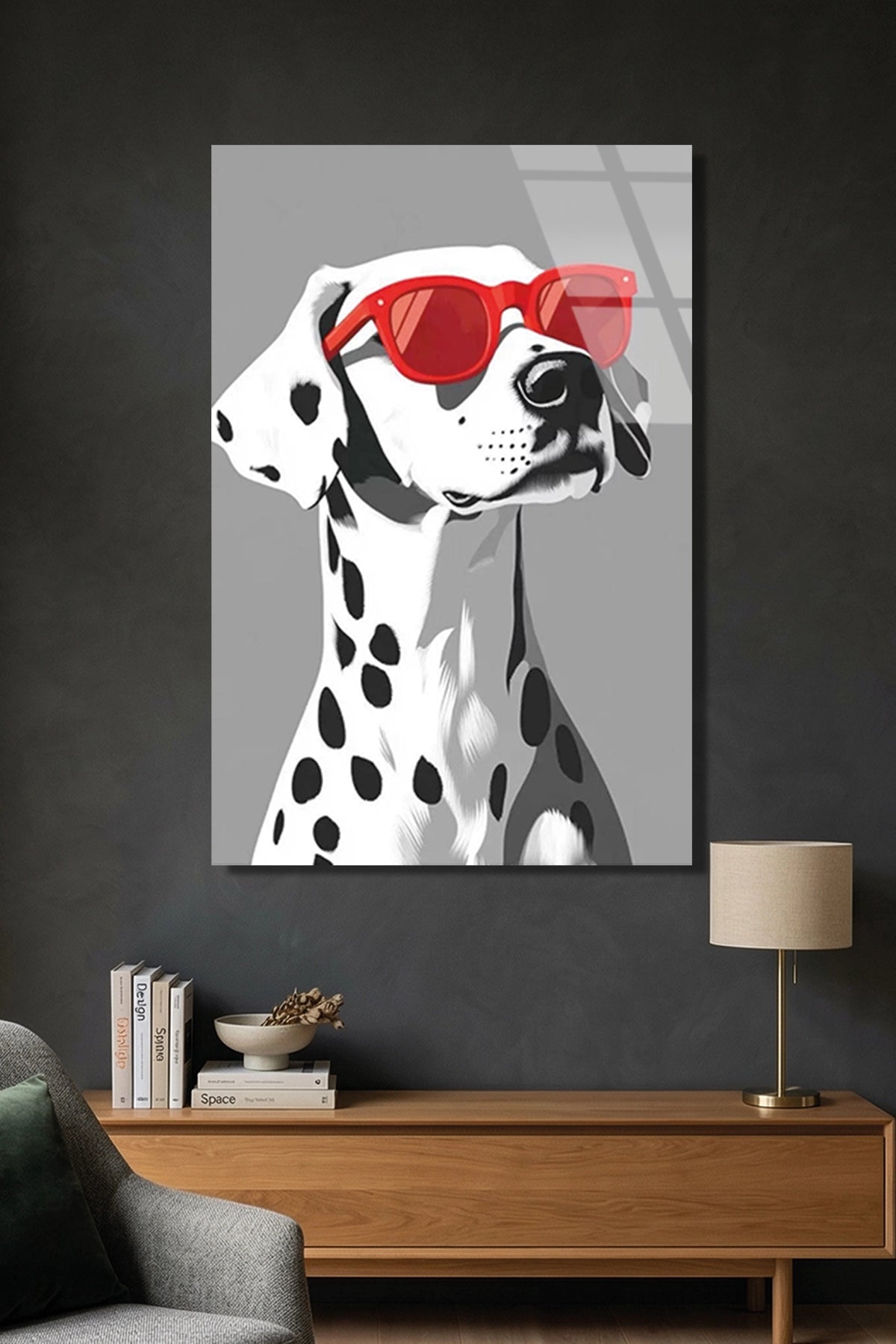 Kırmızı Gözlüklü Minimalist Dalmaçyalı Köpek Portresi Cam Tablo