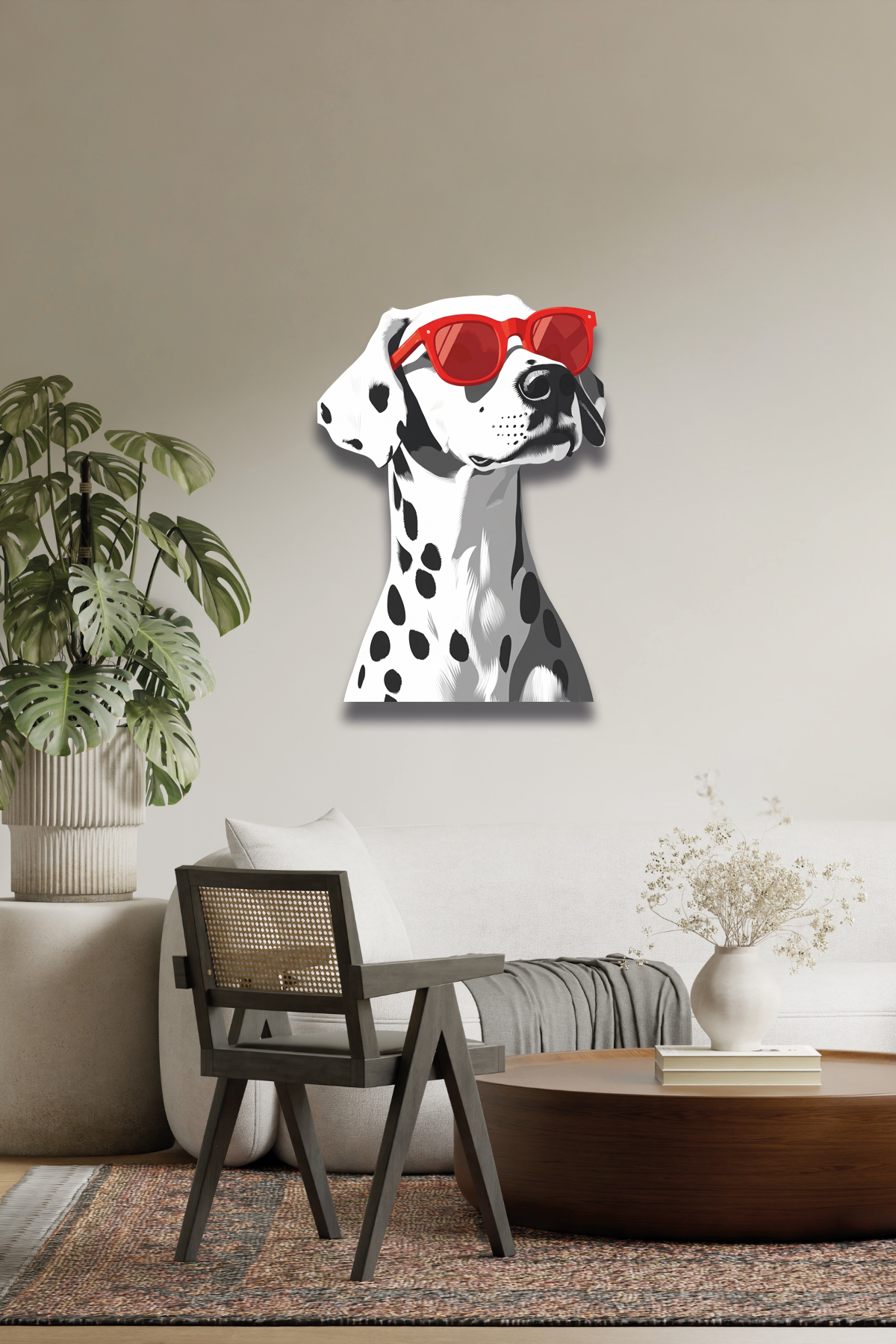 Kırmızı Güneş Gözlüklü Dalmaçyalı Köpek Metal Tablo