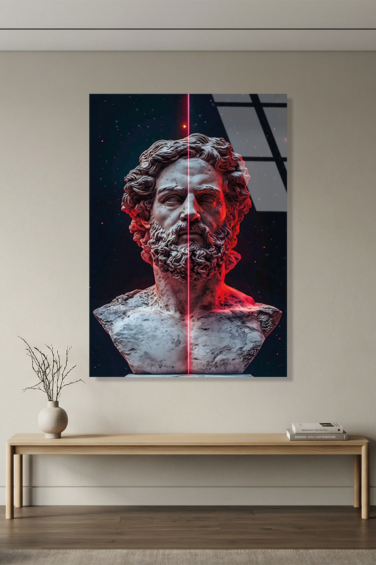 Kırmızı Işıklı Modern Antik Yunan Bust Portresi Cam Tablo