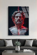 Kırmızı Işıklı Modern Antik Yunan Bust Portresi Cam Tablo