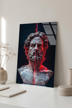 Kırmızı Işıklı Modern Antik Yunan Bust Portresi Cam Tablo
