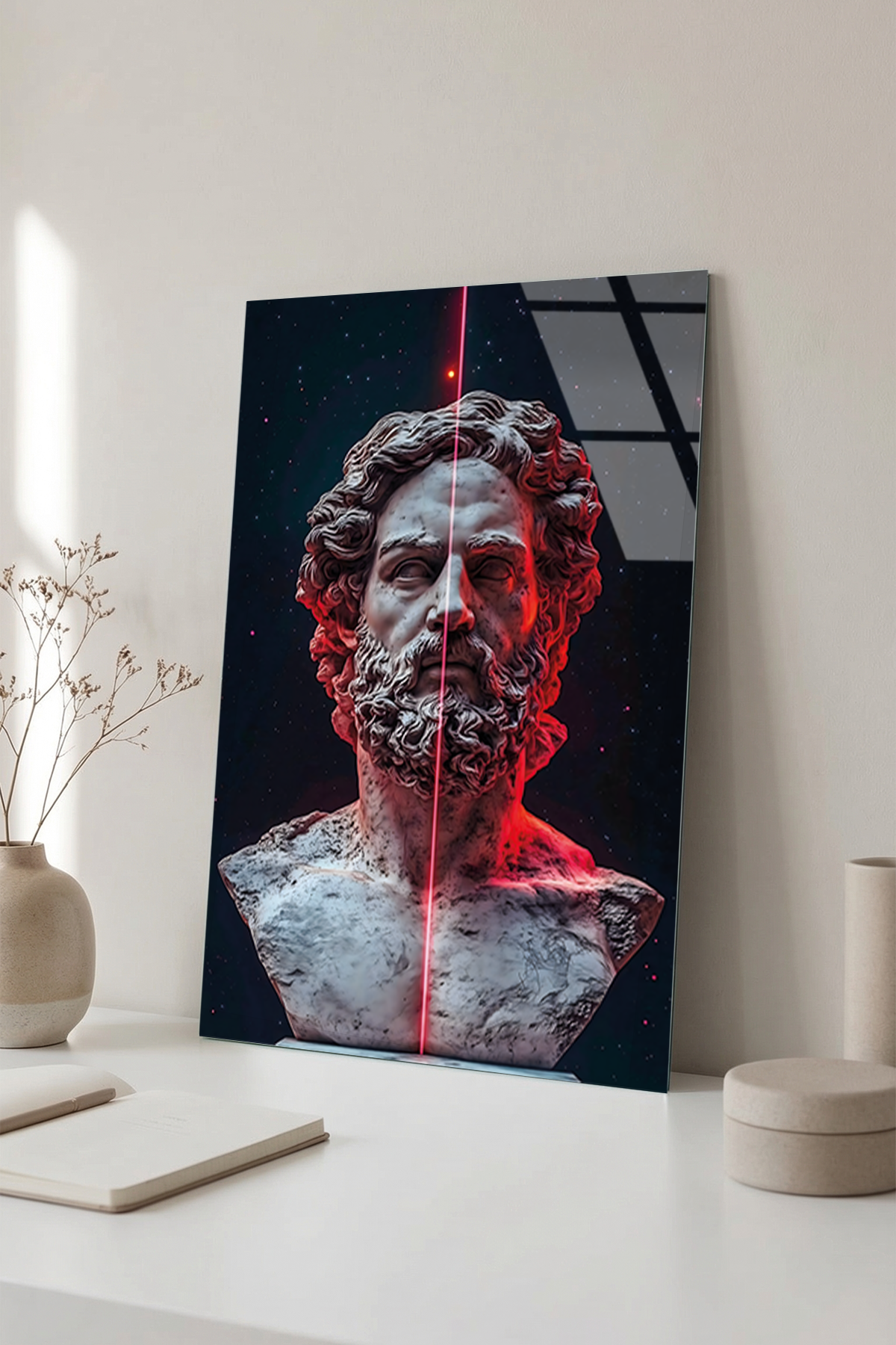 Kırmızı Işıklı Modern Antik Yunan Bust Portresi Cam Tablo