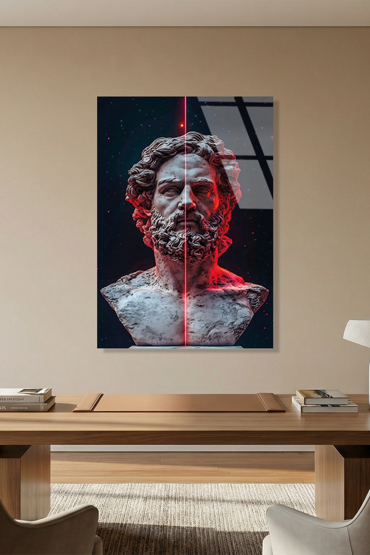 Kırmızı Işıklı Modern Antik Yunan Bust Portresi Cam Tablo