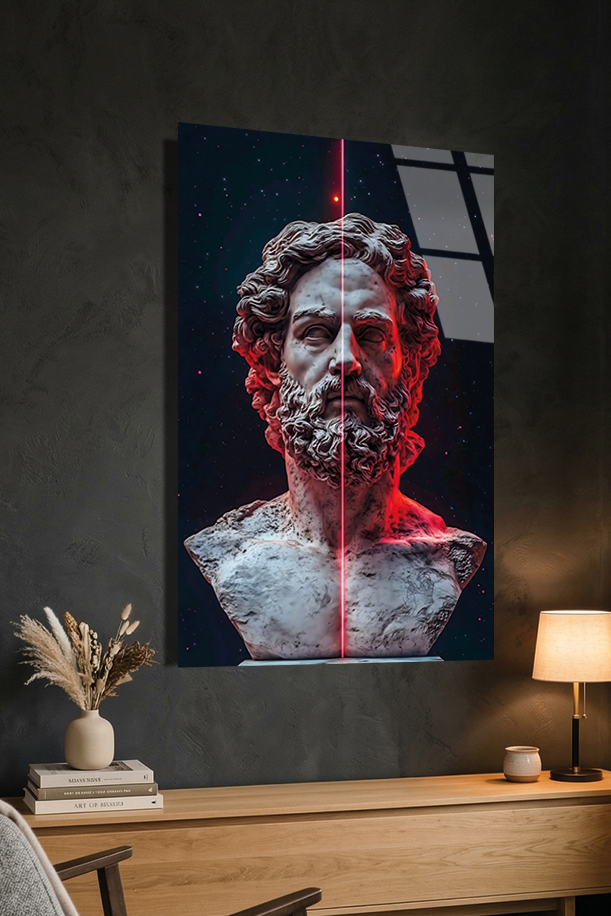 Kırmızı Işıklı Modern Antik Yunan Bust Portresi Cam Tablo