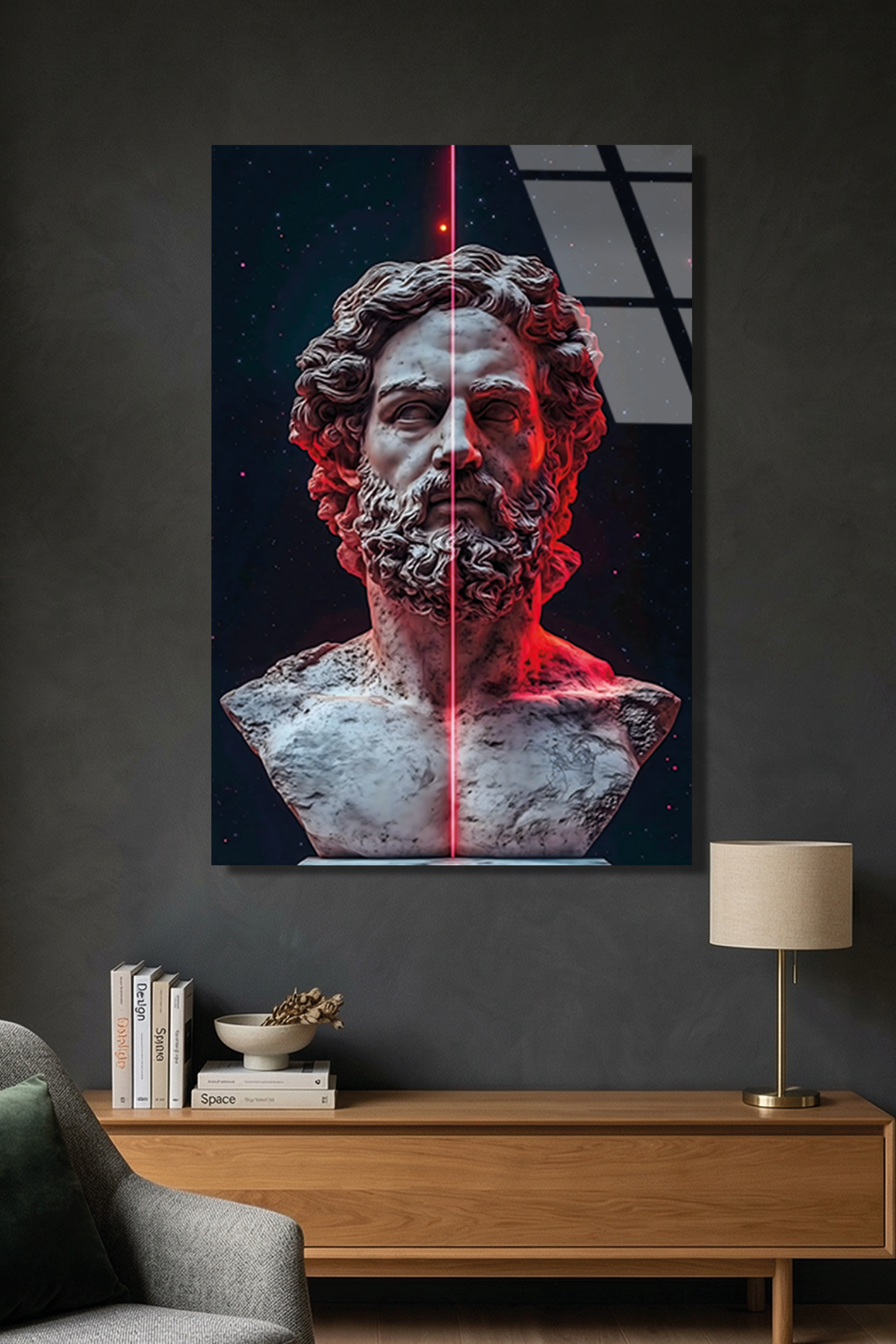 Kırmızı Işıklı Modern Antik Yunan Bust Portresi Cam Tablo