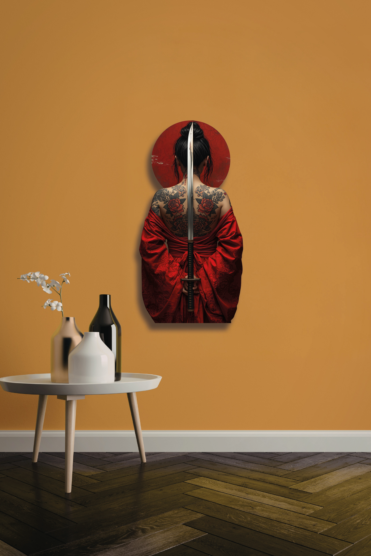 Kırmızı Kimonolu ve Katana Kılıçlı Geisha Metal Tablo
