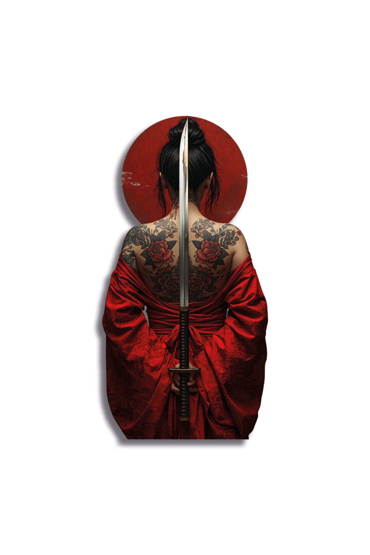 Kırmızı Kimonolu ve Katana Kılıçlı Geisha Metal Tablo