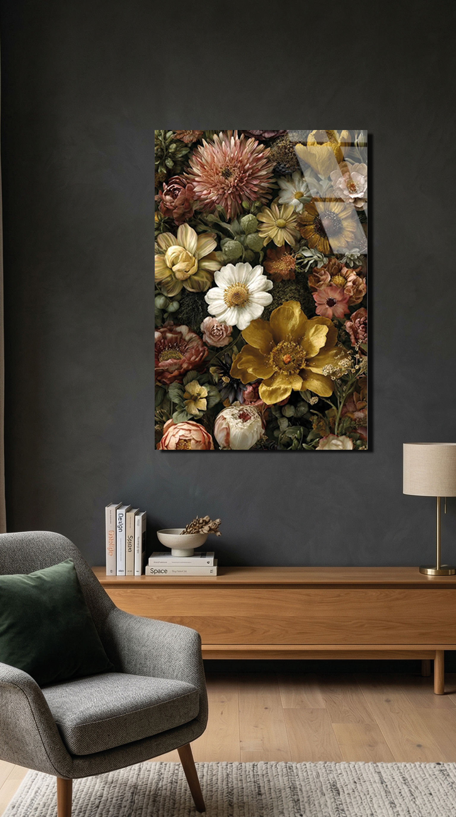 Klasik Vintage Çiçek Buketi Yağlı Boya Görünümü Cam Tablo | Vitraum