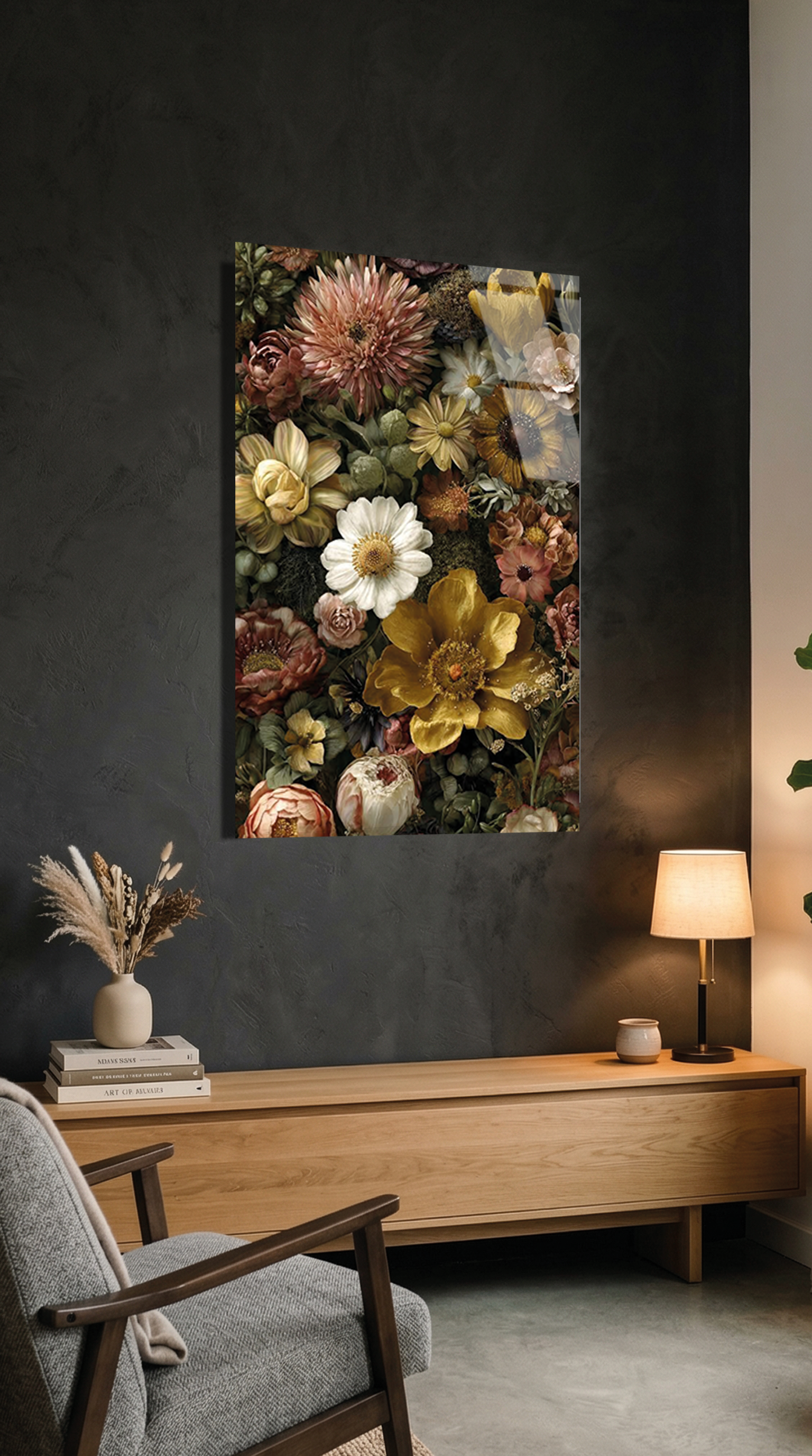 Klasik Vintage Çiçek Buketi Yağlı Boya Görünümü Cam Tablo | Vitraum