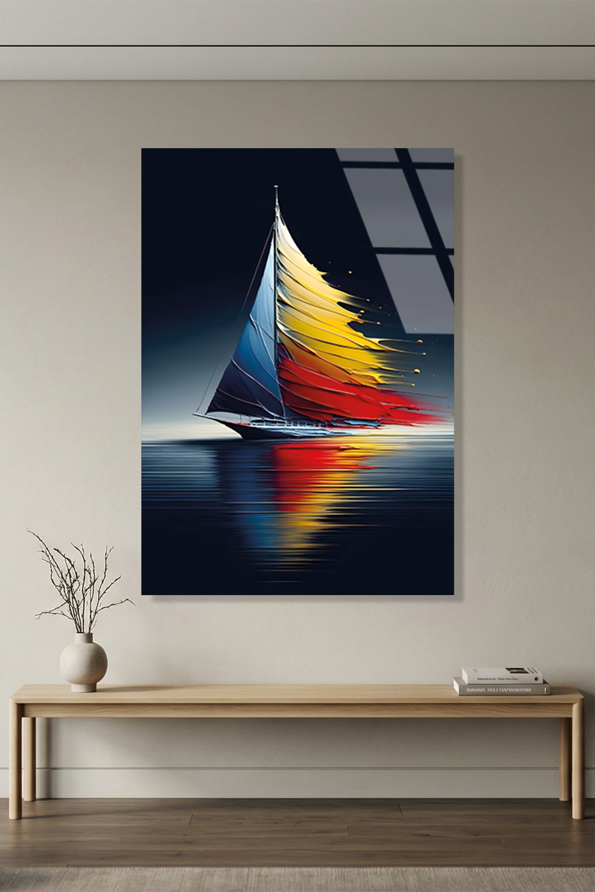 Koyu Arka Planda Canli Renkli Yelkenli Illustrasyon Cam Tablo