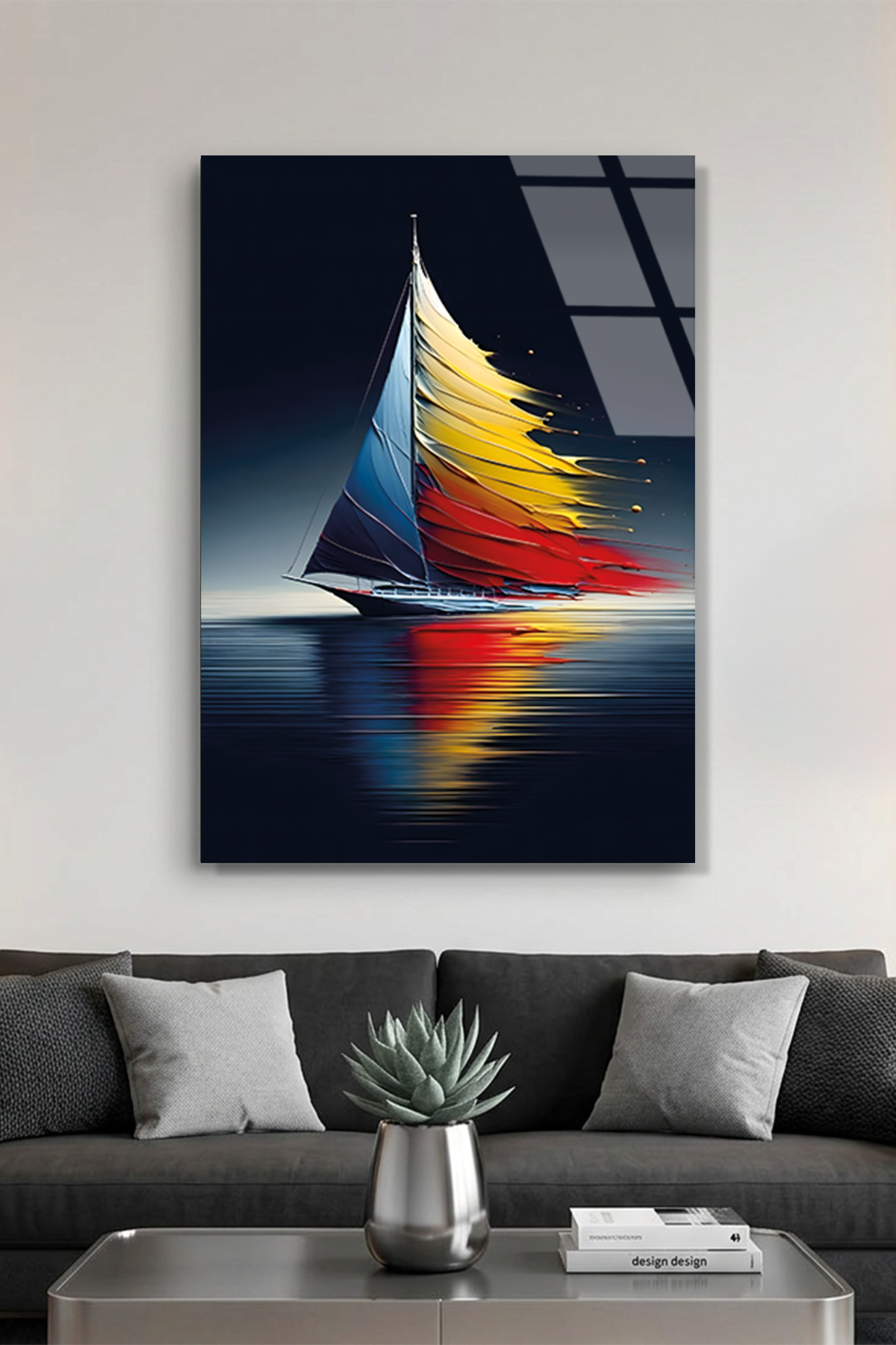 Koyu Arka Planda Canli Renkli Yelkenli Illustrasyon Cam Tablo